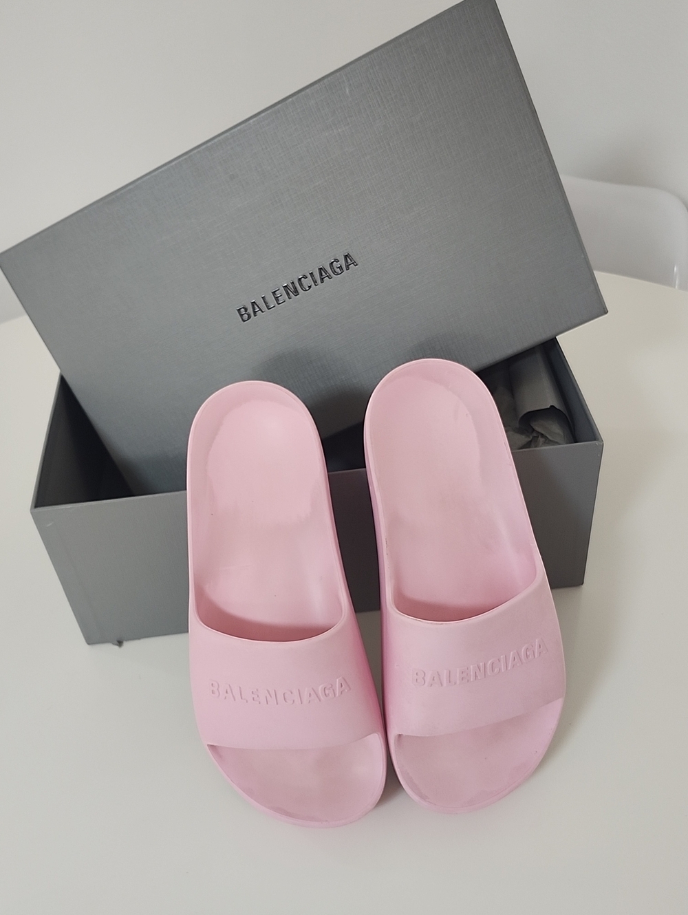 Balenciaga Pastel Pink Embossed Logo Slide Sandals